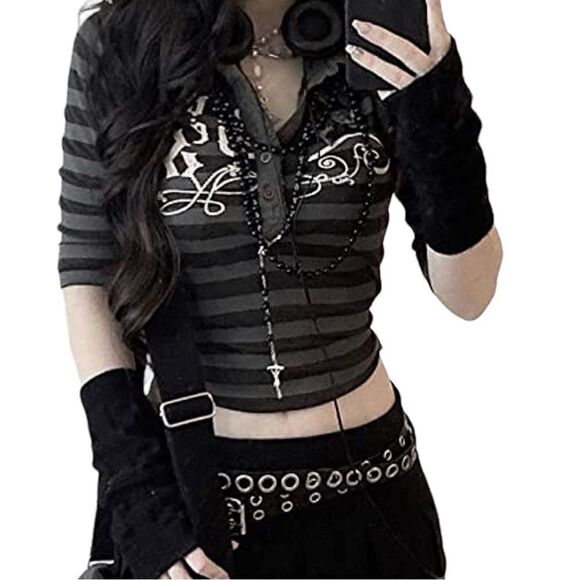 Grunge Fairy Shirt for Women Long Sleeve Crop Top Vintage Striped Print Y2K - Picture 1 of 10